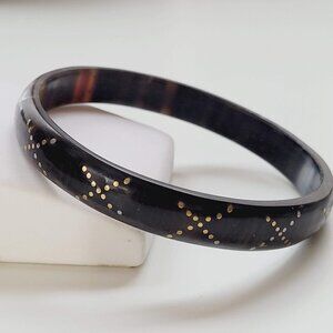 Vintage Brass Pique "X" Cross Inlay Natural Horn Boho Bangle Bracelet